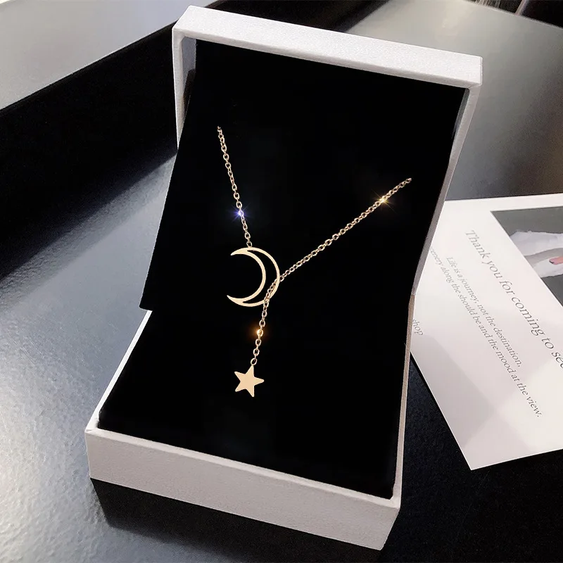 New Simple Moon Star Pendant Choker Necklace Simple Gold Color Alloy Charm Chain Collares Necklace For Women P