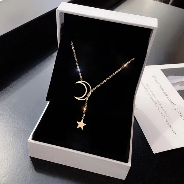 New Simple Moon Star Pendant Choker Necklace Simple Gold Color Alloy Charm Chain Collares Necklace For Women P