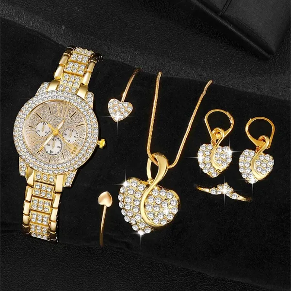 Women's Quartz Watch Gold Luxury Women Ring Necklace Earring Rhinestone Fashion Wristwatch Casual Ladies Watch