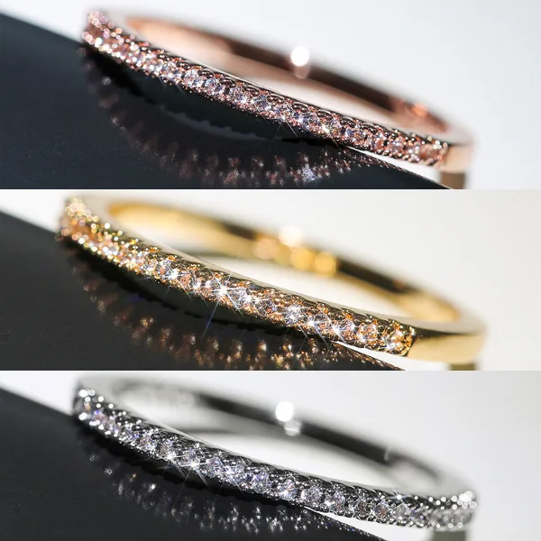 Huitan 3 Colors Simple Band Women Rings Shiny Cubic Zirconia Delicate Anniversary Gift Accessories Hot Sale Fa