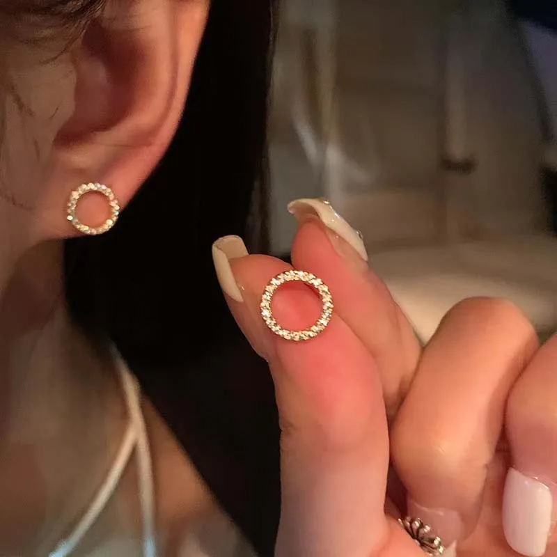 Delicate Small Circle Stud Earrings for Women Gold Color Crystal Minimalist Korean Party Summer Fashion Jewelr