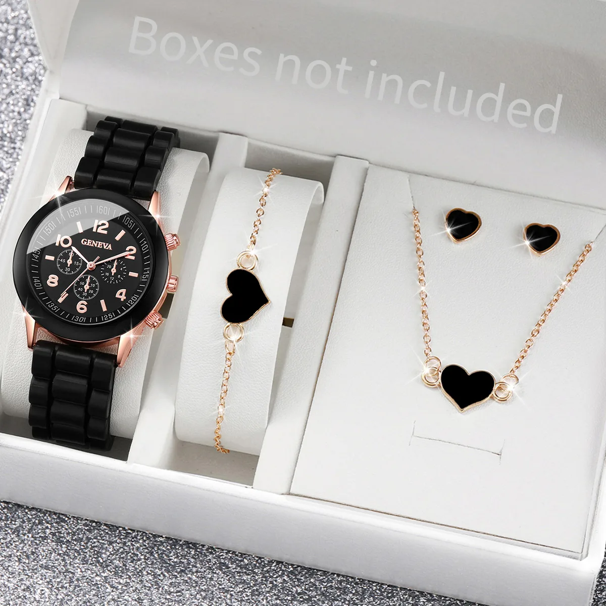 5/6PCS Women Watches Fashion Silicone Band Women Quartz Watches Jewelry Set Reloj Mujer Girls Clock Gift (With