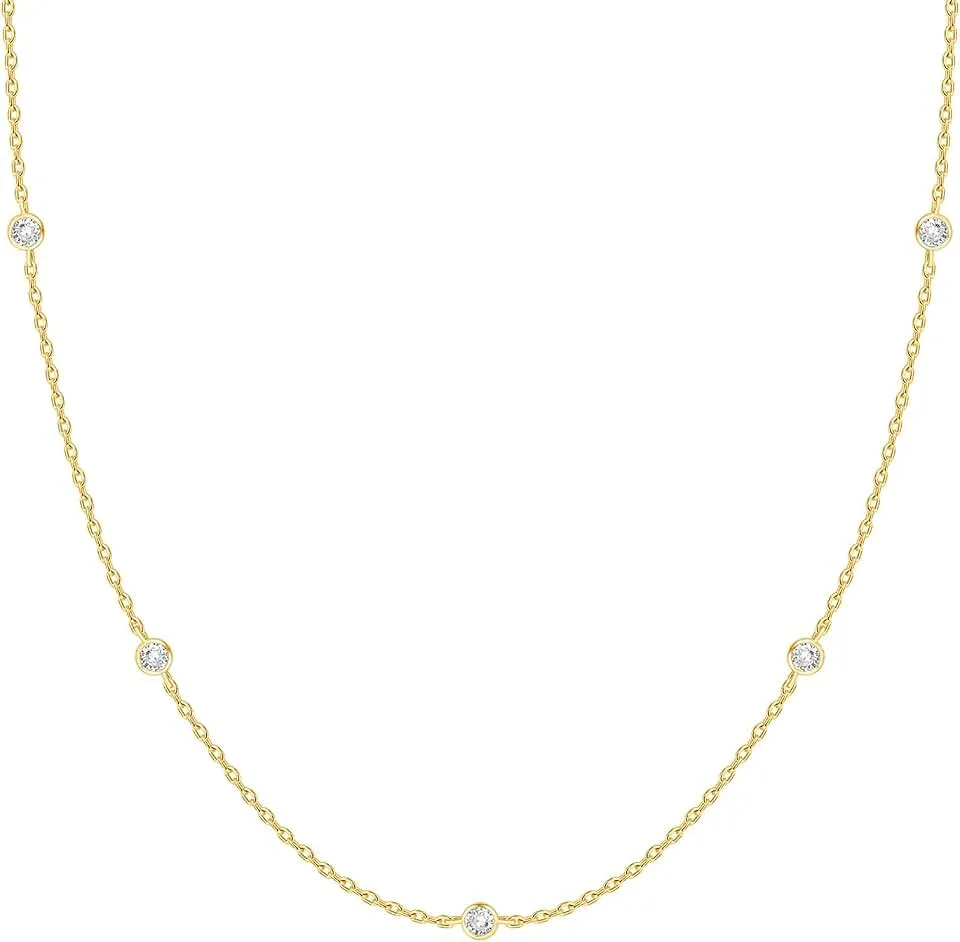 PAVOI 14K Gold Plated Station Necklace - Simulated Diamond Layering Necklaces - Womens CZ Chain