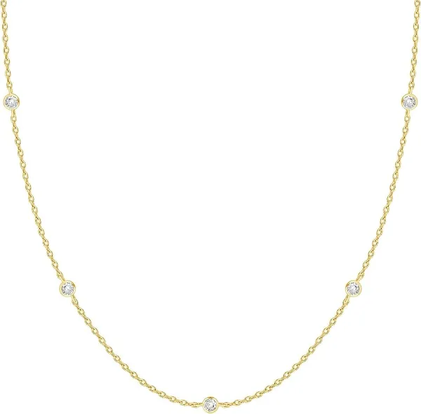PAVOI 14K Gold Plated Station Necklace - Simulated Diamond Layering Necklaces - Womens CZ Chain
