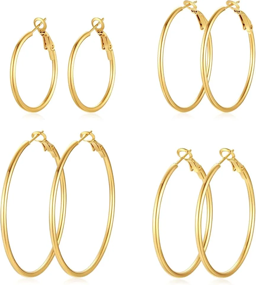 4 Pairs Silver Gold Hoop Earrings for Women | 14K Gold Plated Hoop Earrings Set Hypoallergenic Earring Lightwe