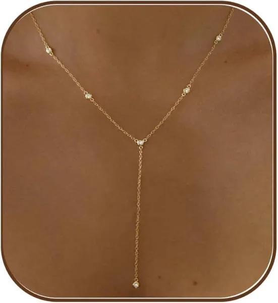 Gold Necklace for Women, Dainty Long Necklace 14k Gold Plated Lariat Long Necklaces for Women Trendy Simple St