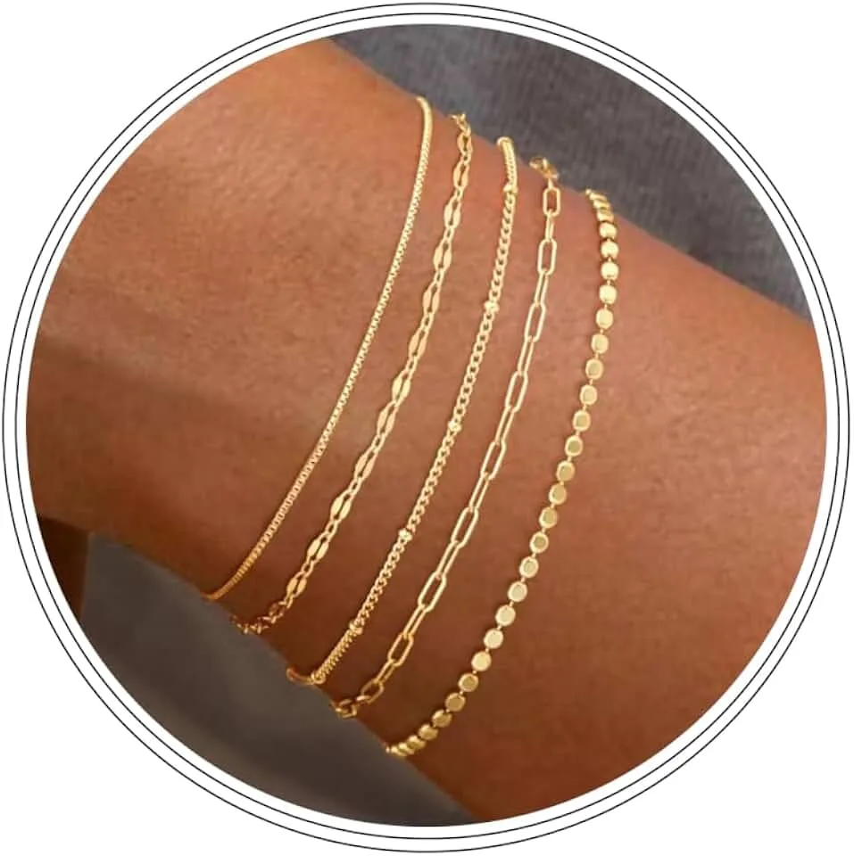 MBW Dainty Simple Gold Bracelets for Women, Stackable Satellite Paperclip Lip Bracelet Set Tiny Lip Dot Chain