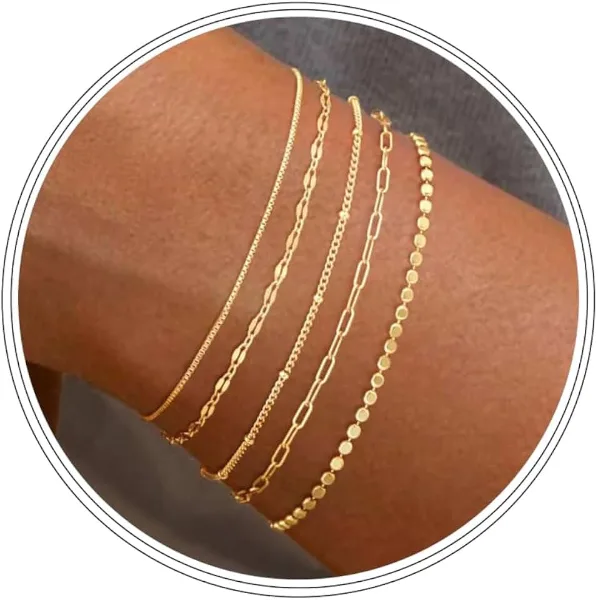 MBW Dainty Simple Gold Bracelets for Women, Stackable Satellite Paperclip Lip Bracelet Set Tiny Lip Dot Chain 
