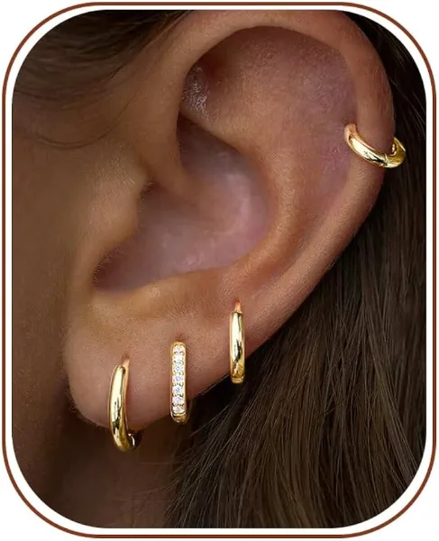 Poxtex Small Gold Huggie Hoop Earrings Set for Women Men Hypoallergenic 14K Plated Stack Cartilage Earrings, S